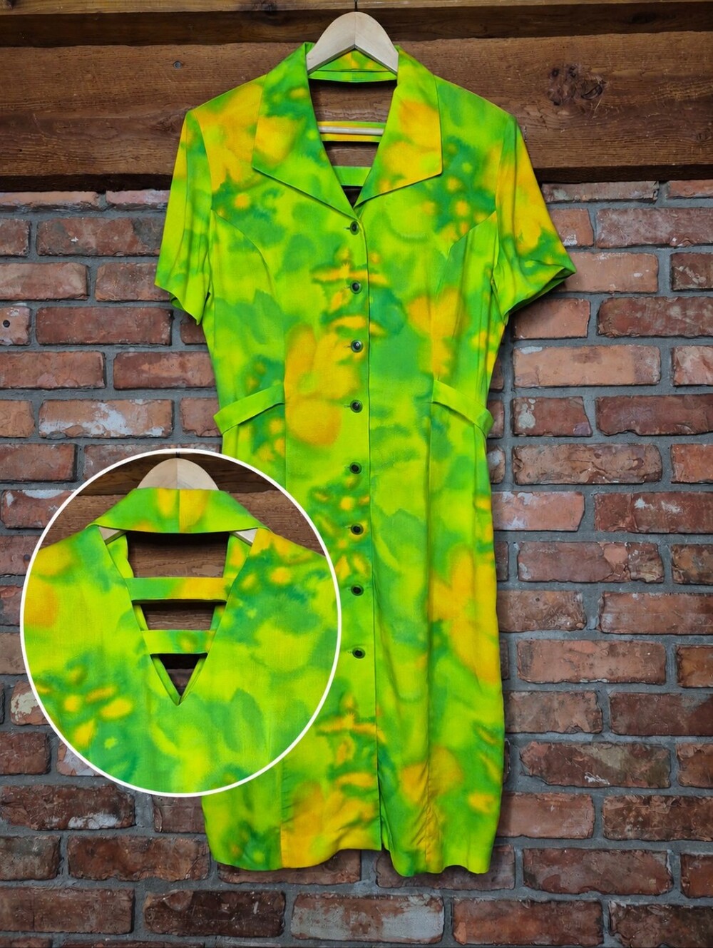 🇨🇦 Vintage 90s Mascara Neon Green Floral Rayon Midi Dress Open Back